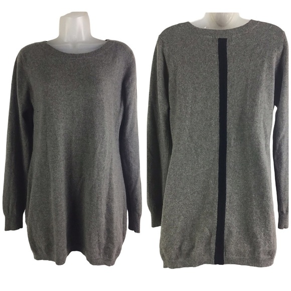 ply cashmere Sweaters - Ply Cashmere Women’s XL Crew Neck Gray Tunic Sweater Black Stripe on Back